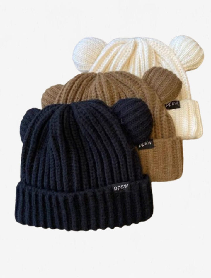 3 Bonnets fille avec oreilles d'ours / 54-58cm / Noir-café-crème / Femme