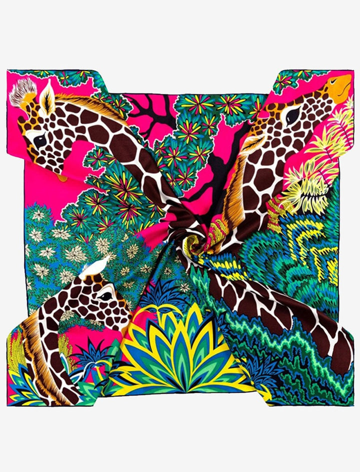 Carré de Soie 90x90 I Géantes / Girafes sur fond  Rose / Unisexe