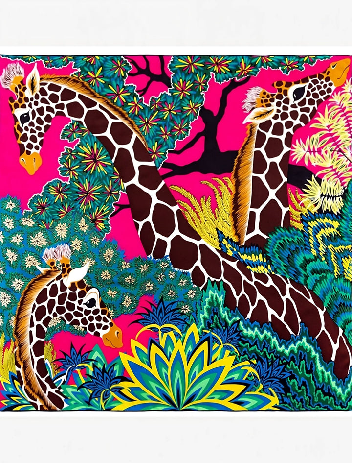 Carré de Soie 90x90 I Géantes / Girafes sur fond  Rose / Unisexe