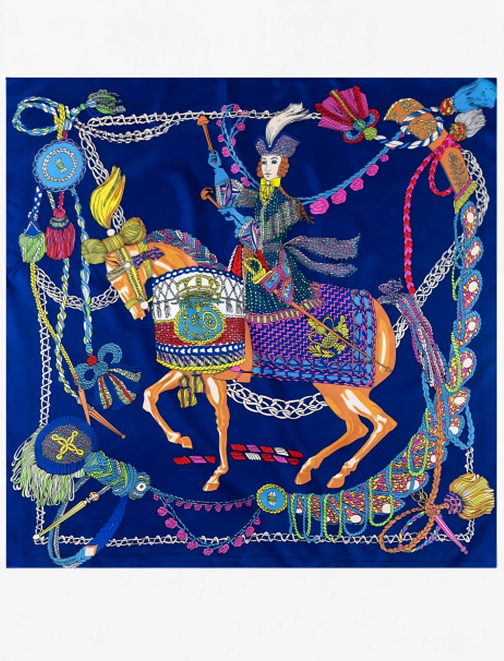  Foulard carré en soie I Prince / cavalier sur fond bleu / 90CM x 90CM / Unisexe