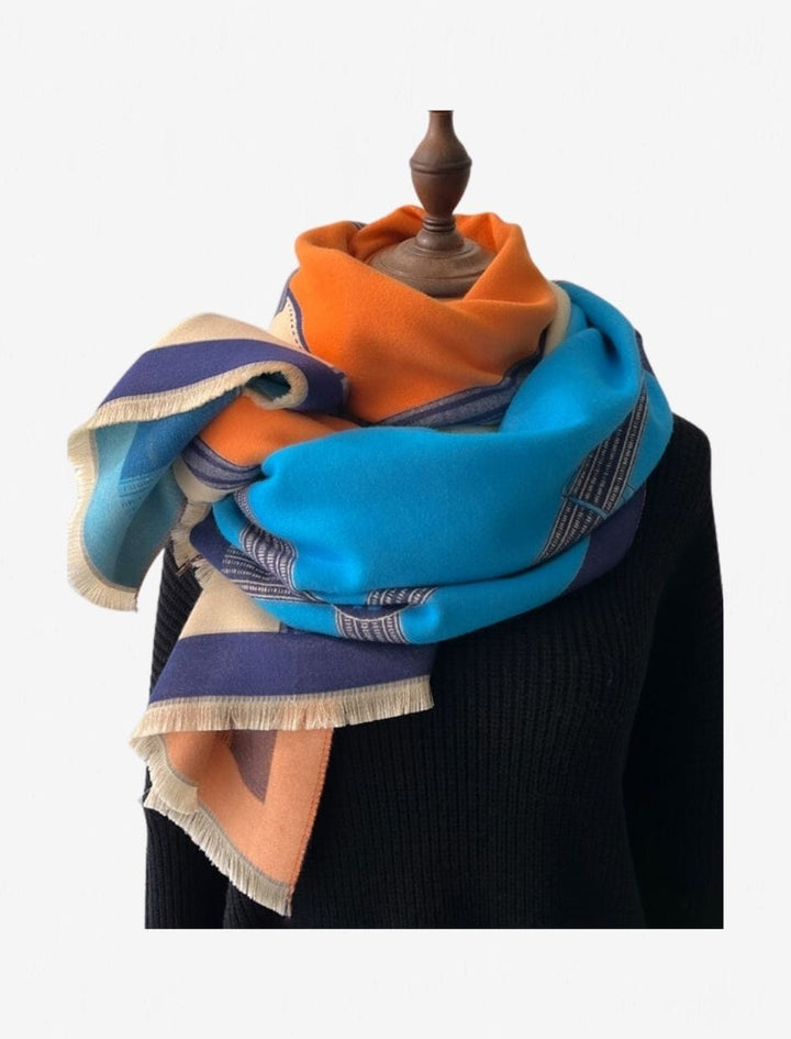 Châle Écharpe  I Patchwork / Bleu orange et beige / 180x65cm / Femme