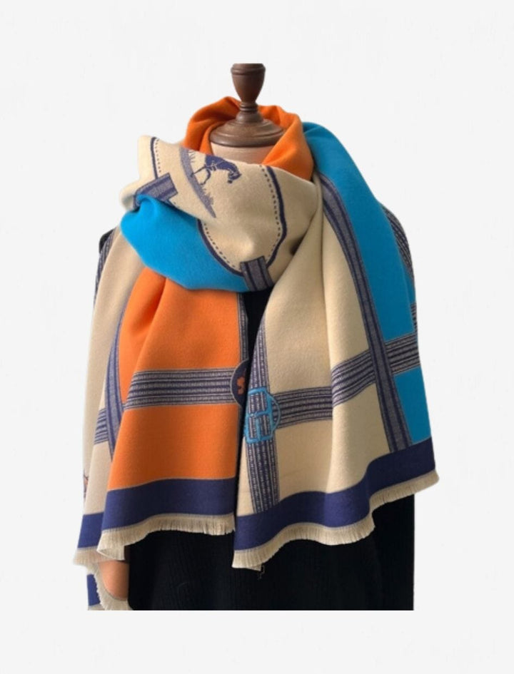 Châle Écharpe  I Patchwork / Bleu orange et beige / 180x65cm / Femme