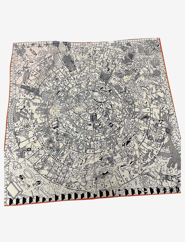 Foulard Carré de Soie I  Manège Enchanté / Gris avec liseré orange / 90x90cm / Unisexe