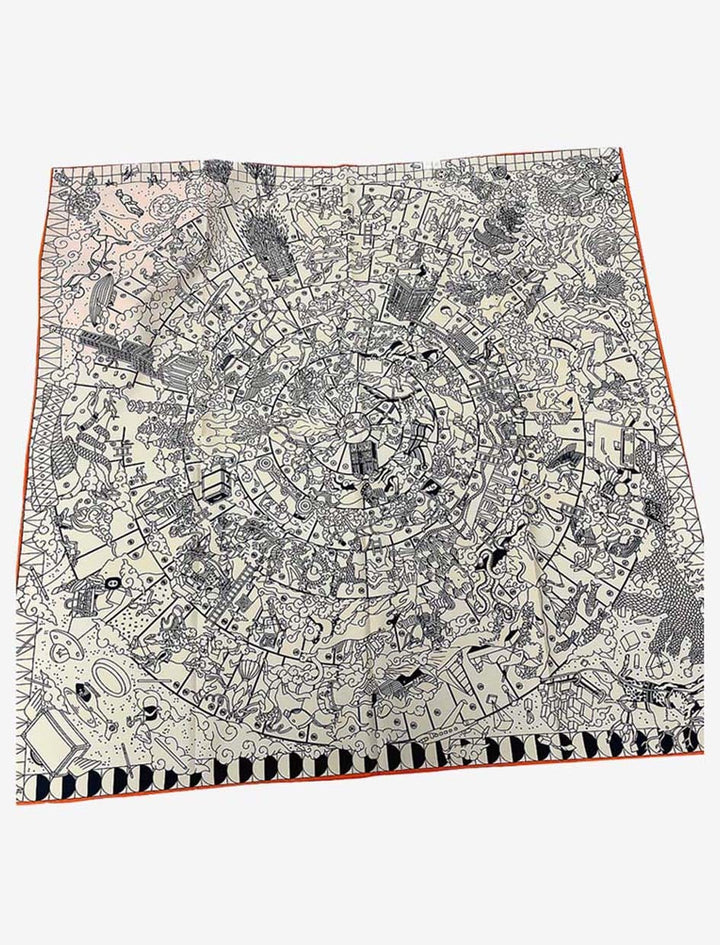 Foulard Carré de Soie I  Manège Enchanté / Gris avec liseré orange / 90x90cm / Unisexe