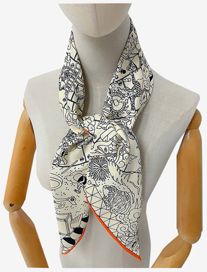 Foulard Carré de Soie I  Manège Enchanté / Gris avec liseré orange / 90x90cm / Unisexe