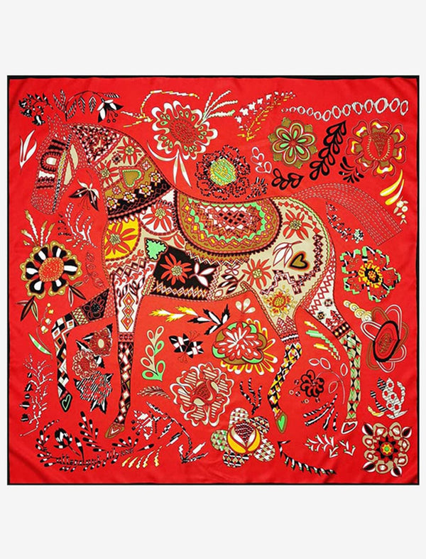 Foulard carré en soie I Le Rutilant / Destrier sur fond rouge / 90x90cm / Unisexe