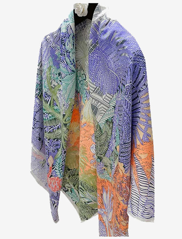 Foulard soie carré luxe I  Palace / Orange et bleu / 135x135cm / Femme