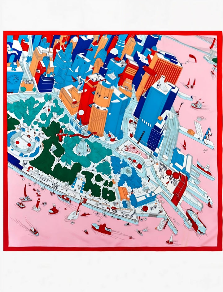 Foulard carré en soie I New York / Rose et rouge / 90CM x 90CM / Femme