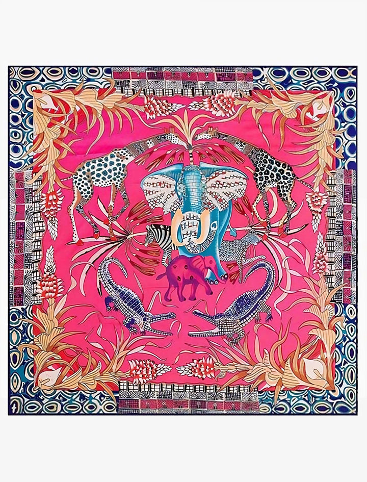 Foulard carré Luxe I Animaux de la jungle sur fond rose / 130x130cm / Unisexe