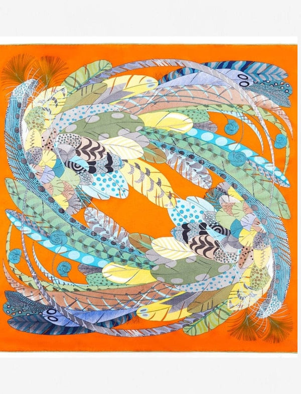 Foulard carré orange I Plumes  / 90x90cm / Unisexe