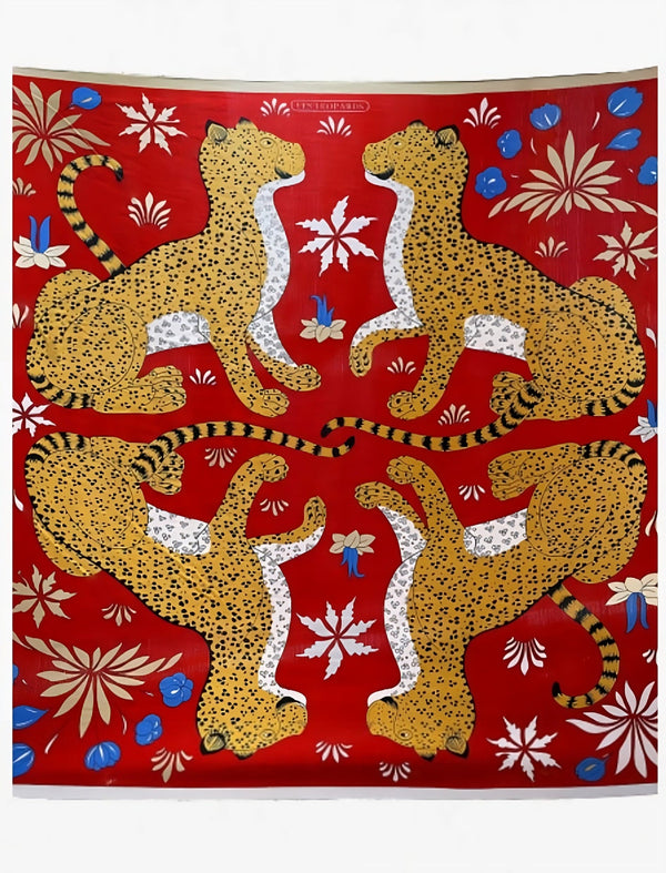 Grand Carré de Soie et Cachemire I Rouge Léopards / 135x135cm / Unisexe